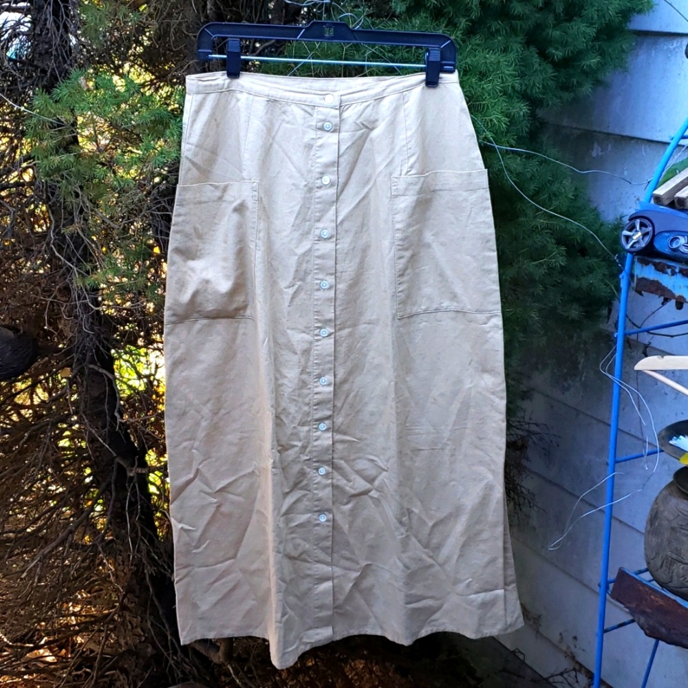 Eddie Bauer Khaki Tan Long Button Down Skirt -  Linen Cotton Big Pockets sz 12